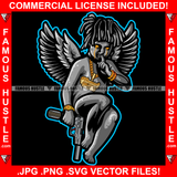 Silent Hustler Dripping Eyes Street Demon Famous Hustle Gangster Black Angel Wings Statue Machine Gun Gold Jewelry Finger On Lips Hip Hop Rap Street Designer Fashion Hustler Pinup Pin Up Art Graphic Design Print Printing Vector SVG Cut File