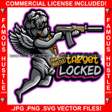 Target Locked Street Demon Famous Hustle Gangster Black Angel Wings Statue Red Eyes Gold Jewelry Necklace Firing Hip Hop Rap Street Designer Fashion Hustler Pinup Pin Up Quote Art Graphic Design Print Printing Vector SVG Cut File