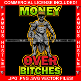 Money Over Bitches King Gangster Street Man Statue Dripping Cash Bag Gold Necklace Red Eyes Hip Hop Rap Trap Hood Ghetto Swag Thug Hustling Famous Hustle Baller Trapper Quote Art Graphic Design Logo T-Shirt Print Printing JPG PNG SVG Vector Cut File