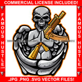 In Trap We Trust Gangster Skull Scary Mean Face Angel Wings Statue Tattoo Holding Gold Machine Gun Hip Hop Rap Trap Hustler Famous Art Graphic Design Logo T-Shirt Print Printing JPG PNG SVG Vector Cut File