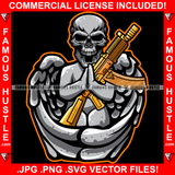 In Trap We Trust Gangster Skull Scary Mean Face Angel Wings Statue Tattoo Holding Gold Machine Gun Hip Hop Rap Trap Hustler Famous Art Graphic Design Logo T-Shirt Print Printing JPG PNG SVG Vector Cut File