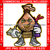 Gangster Money Bag Cartoon Character Mean Smile Gold Teeth Jewelry Purple Liquid Bottle Cash Hand Hip Hop Rap Plug Trap Street Hood Ghetto Swag Thug Famous Hustle Baller Trapper Art Graphic Design Logo T-Shirt Print Printing JPG PNG SVG Vector Cut File