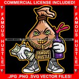 Gangster Money Bag Cartoon Character Mean Smile Gold Teeth Jewelry Purple Liquid Bottle Cash Hand Hip Hop Rap Plug Trap Street Hood Ghetto Swag Thug Famous Hustle Baller Trapper Art Graphic Design Logo T-Shirt Print Printing JPG PNG SVG Vector Cut File