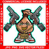 Hustler Cash Bag Cartoon Character Mean Angry Face Pistol Guns Gold Teeth Jewelry Sneakers Tattoo Rapper Trap Street Hood Ghetto Thug Hustler Hustling Drip Famous Art Graphic Design Logo T-Shirt Print Printing JPG PNG SVG Vector Cut File