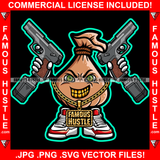 Hustler Cash Bag Cartoon Character Mean Angry Face Pistol Guns Gold Teeth Jewelry Sneakers Tattoo Rapper Trap Street Hood Ghetto Thug Hustler Hustling Drip Famous Art Graphic Design Logo T-Shirt Print Printing JPG PNG SVG Vector Cut File