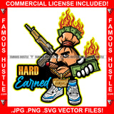 Hard Earned Bag Cartoon Character Mean Angry Face Machine Guns Fire Cash Gold Jewelry Sneakers Tattoo Rapper Trap Street Hood Ghetto Thug Hustler Hustling Drip Famous Quote Art Graphic Design Logo T-Shirt Print Printing JPG PNG SVG Vector Cut File