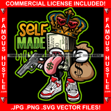Self Made King $100 Bill Money Cartoon Character Crown Tongue Out Dollar Sign Cash Bag Tattoo Hip Hop Rap Hustler Drip Trap Hood Thug Street Mafia Mob Ghetto Famous Hustle Quote Art Graphic Design Logo T-Shirt Print Printing JPG PNG SVG Vector Cut File