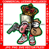 Self Made King $100 Bill Money Cartoon Character Crown Tongue Out Dollar Sign Pistol Cash Bag Tattoo Hip Hop Rap Hustler Drip Trap Hood Thug Street Mafia Mob Ghetto Famous Hustle Art Graphic Design Logo T-Shirt Print Printing JPG PNG SVG Vector Cut File