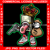 Self Made King $100 Bill Money Cartoon Character Crown Tongue Out Dollar Sign Pistol Cash Bag Tattoo Hip Hop Rap Hustler Drip Trap Hood Thug Street Mafia Mob Ghetto Famous Hustle Art Graphic Design Logo T-Shirt Print Printing JPG PNG SVG Vector Cut File
