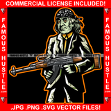Time To Work Gangster President Ben Franklin Suit Face Tattoos Bandanna Machine Gun Hip Hop Rap Plug Trap Street Hood Ghetto Swag Thug Hustler Hustling Drip Savage Gangsta Famous Hustle Rich Art Graphic Design Print Printing Vector SVG Cut File