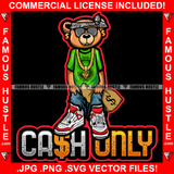 Cash Only Gangster Teddy Bear Head Bandanna Black Glasses Gold Dollar Sign Earrings Money Bag Sneakers Hip Hop Rap Rapper Plug Trap Street Hood Ghetto Swag Thug Famous Hustle Quote Art Graphic Design Logo T-Shirt Print Printing JPG PNG SVG Vector Cut File