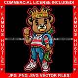 Famous Hustle Gangster Teddy Bear King Dollar Sign Eyes Gold Teeth Watch Jewelry Cash Money Bag Sneakers Hip Hop Rap Plug Trap Street Hood Ghetto Swag Thug Hustler Hustling Art Graphic Design Logo T-Shirt Print Printing JPG PNG SVG Vector Cut File