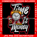 Time Is Money King Alarm Clock Gangster Cartoon Character Mean Face Gold Coins Cash Bag Hip Hop Rap Plug Trap Street Hood Ghetto Swag Thug Hustler Hustling Famous Hustle Quote Art Graphic Design Logo T-Shirt Print Printing JPG PNG SVG Vector Cut File