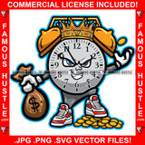 Time Is Money King Alarm Clock Gangster Cartoon Character Mean Face Gold Coins Cash Bag Hip Hop Rap Plug Trap Street Hood Ghetto Swag Thug Hustler Hustling Famous Hustle Art Graphic Design Logo T-Shirt Print Printing JPG PNG SVG Vector Cut File