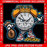 Time Is Money King Alarm Clock Gangster Cartoon Character Mean Face Gold Coins Cash Bag Hip Hop Rap Plug Trap Street Hood Ghetto Swag Thug Hustler Hustling Famous Hustle Art Graphic Design Logo T-Shirt Print Printing JPG PNG SVG Vector Cut File