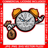 Time Is Money King Alarm Clock Gangster Cartoon Character Angry Mean Face Cash Bag Hip Hop Rap Plug Trap Street Hood Ghetto Swag Thug Hustler Hustling Famous Hustle Art Graphic Design Logo T-Shirt Print Printing JPG PNG SVG Vector Cut File