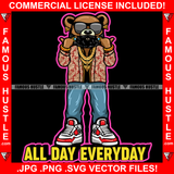 All Day Everyday Gangster Teddy Bear Head Black Glasses Earrings Gold Jewelry Face Mask Sneakers Hip Hop Rap Rapper Plug Trap Street Hood Ghetto Swag Thug Famous Hustle Quote Art Graphic Design Logo T-Shirt Print Printing JPG PNG SVG Vector Cut File