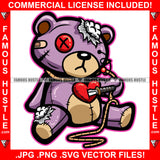 Heartless Famous Hustle Cute Gangster Horror Beat Up Teddy Bear Scar Face Toy Torn Broken Staples Patches Head Stapled Patched Stuff Coming Out Knife In Heart Cash Tattoo Hip Hop Rap Trap Art Graphic Design Logo Print Printing Vector SVG Cut File