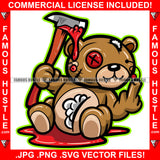 Savage Horror Teddy Bear Missing Button Eye Bandage Stuffed Coming Out Shap Teeth Bloody Axe Middle Finger Hip Hop Rap Plug Trap Street Hood Famous Hustle Baller Trapper Art Graphic Design Logo T-Shirt Print Printing JPG PNG SVG Vector Cut File