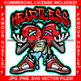 Heartless Dripping Red Heart Cartoon Character Scar Face Stitches Staples Cash Money Mouth Sliva Sneakers Tattoo Hip Hop Rap Plug Trap Street Hood Ghetto Swag Thug Flex Drip Quote Art Graphic Design Logo T-Shirt Print Printing JPG PNG SVG Vector Cut File