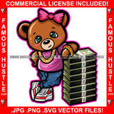 Cute Female Gangster Teddy Bear Cash Gold Jewelry Necklace Pink Bow Money Stack Hip Hop Rap Plug Trap Street Hood Ghetto Swag Hustler Hustling Drip Boss Famous Hustle Art Graphic Design Logo Print Printing Vector SVG Cut File