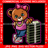 Cute Female Gangster Teddy Bear Cash Gold Jewelry Necklace Pink Bow Money Stack Hip Hop Rap Plug Trap Street Hood Ghetto Swag Hustler Hustling Drip Boss Famous Hustle Art Graphic Design Logo Print Printing Vector SVG Cut File