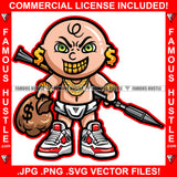 Famous Hustle Baby Boy Angry Mean Smile On Face Gold Jewelry Teeth Dollar Sign Earrings Rocket Launcher Cash Money Bags Sneakers Hip Hop Rap Rapper Hustler Hustling Trap Trapper Art Graphic Design Logo T-Shirt Print Printing JPG PNG SVG Vector Cut File