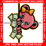 Cute Female Gangster Teddy Bear Golden Bow Cash Money Watching Behind Door  Hip Hop Rap Plug Trap Street Hood Ghetto Swag Hustler Hustling Drip Boss Famous Hustle Art Graphic Design Logo Print Printing Vector SVG Cut File