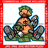 Cash Money Bag Cartoon Character Dollar Sign Knife Stabbing Sneakers Hip Hop Rap Rapper Plug Trap Street Hood Ghetto Swag Thug Hustler Hustling Famous Hustle Baller Trapper Art Graphic Design Logo T-Shirt Print Printing JPG PNG SVG Vector Cut File