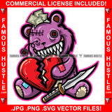 Broken Horror Teddy Bear Missing Button Eye Bandage Stuffed Cash Coming Out Broken Heart Sword Hip Hop Rap Trap Street Hustler Famous Hustle Art Graphic Design Logo T-Shirt Print Printing JPG PNG SVG Vector Cut File