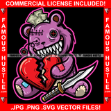 Broken Horror Teddy Bear Missing Button Eye Bandage Stuffed Cash Coming Out Broken Heart Sword Hip Hop Rap Trap Street Hustler Famous Hustle Art Graphic Design Logo T-Shirt Print Printing JPG PNG SVG Vector Cut File