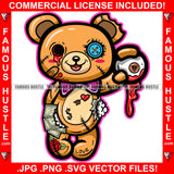 Love Me Horror Teddy Bear Button Eye One Bloody Eye In Hand Blood Dripping Stuff Cash Coming Out Hip Hop Rap Trap Street Hustler Famous Hustle Art Graphic Design Logo T-Shirt Print Printing JPG PNG SVG Vector Cut File
