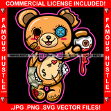 Love Me Horror Teddy Bear Button Eye One Bloody Eye In Hand Blood Dripping Stuff Cash Coming Out Hip Hop Rap Trap Street Hustler Famous Hustle Art Graphic Design Logo T-Shirt Print Printing JPG PNG SVG Vector Cut File