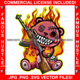 Smokin' Hot Horror Teddy Bear Missing Button Eye Stitches Stuffed Coming Out Fire Machine Gun Sharp Teeth Mafia Hip Hop Rap Trap Street Hustler Famous Hustle Art Graphic Design Logo T-Shirt Print Printing JPG PNG SVG Vector Cut File