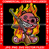 Smokin' Hot Horror Teddy Bear Missing Button Eye Stitches Stuffed Coming Out Fire Machine Gun Sharp Teeth Mafia Hip Hop Rap Trap Street Hustler Famous Hustle Art Graphic Design Logo T-Shirt Print Printing JPG PNG SVG Vector Cut File