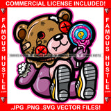 Sweet Tooth Horror Teddy Bear Missing Button Eye Bandage Bloody Lollipop Blood Dripping Stuff Cash Coming Out Hip Hop Rap Trap Street Hustler Famous Hustle Art Graphic Design Logo T-Shirt Print Printing JPG PNG SVG Vector Cut File