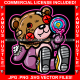 Sweet Tooth Horror Teddy Bear Missing Button Eye Bandage Bloody Lollipop Blood Dripping Stuff Cash Coming Out Hip Hop Rap Trap Street Hustler Famous Hustle Art Graphic Design Logo T-Shirt Print Printing JPG PNG SVG Vector Cut File