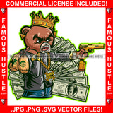 Trap Time Gangster Angry Mean Face King Teddy Bear Cash Money Bags Gold Jewelry Gun Hip Hop Rap Rich Rapper Trap Plug Hood Ghetto Swag Thug Boss Gangsta Art Graphic Design Logo T-Shirt Print Printing JPG PNG SVG Vector Cut File