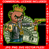 Trap Time Gangster Angry Mean Face King Teddy Bear Cash Money Bags Gold Jewelry Gun Hip Hop Rap Rich Rapper Trap Plug Hood Ghetto Swag Thug Boss Gangsta Art Graphic Design Logo T-Shirt Print Printing JPG PNG SVG Vector Cut File