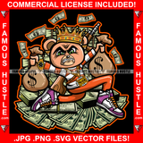 On The Run Gangster Angry Mean Face King Teddy Bear Falling Cash Money Bags Gold Jewelry Machine Gun Hip Hop Rap Rich Rapper Trap Plug Hood Ghetto Swag Thug Boss Gangsta Art Graphic Design Logo T-Shirt Print Printing JPG PNG SVG Vector Cut File