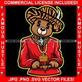 Pimp Life Gangster Boss Teddy Bear Dollar Sign Eyes Alpine Hat Quill Red Coat Dress Gold Jewelry Street Ghetto Hip Hop Rap Rapper Hustle Art Graphic Design Logo T-Shirt Print Printing JPG PNG SVG Vector Cut File