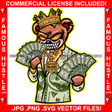 Got Money Gangster Teddy Bear King Horror Face Sharp Teeth Scar Face Yellow Eyes Cash Money Dollar $100 Bill Pattern Clothes Outfit Tattoo Hip Hop Rap Street Hustler Hustling Drip Rich Art Graphic Design Logo Print Printing Vector SVG Cut File