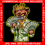 Got Money Gangster Teddy Bear King Horror Face Sharp Teeth Scar Face Yellow Eyes Cash Money Dollar $100 Bill Pattern Clothes Outfit Tattoo Hip Hop Rap Street Hustler Hustling Drip Rich Art Graphic Design Logo Print Printing Vector SVG Cut File