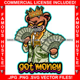 Got Money Gangster Teddy Bear King Horror Face Sharp Teeth Scar Face Yellow Eyes Cash Money Dollar $100 Bill Pattern Clothes Outfit Tattoo Hip Hop Rap Street Hustler Hustling Drip Rich Quote Art Graphic Design Logo Print Printing Vector SVG Cut File