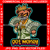 Got Money Gangster Teddy Bear King Horror Face Sharp Teeth Scar Face Yellow Eyes Cash Money Dollar $100 Bill Pattern Clothes Outfit Tattoo Hip Hop Rap Street Hustler Hustling Drip Rich Quote Art Graphic Design Logo Print Printing Vector SVG Cut File