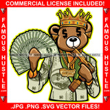 Money & Power Dripping Gangster Teddy Bear King Dollar Sign Eyes Gold Jewelry Gun Cash $100 Bill Pattern Clothes Outfit Tattoo Hip Hop Rap Street Hustler Hustling Famous Hustle Drip Rich Art Graphic Design Logo Print Printing Vector SVG Cut File