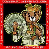 Money & Power Dripping Gangster Teddy Bear King Dollar Sign Eyes Gold Jewelry Gun Cash $100 Bill Pattern Clothes Outfit Tattoo Hip Hop Rap Street Hustler Hustling Famous Hustle Drip Rich Art Graphic Design Logo Print Printing Vector SVG Cut File