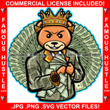 Money Maker Gangster King Teddy Bear Gold Jewelry Watch Cash Spread Mwan Face $100 Bill Pattern Clothes Outfit Tattoo Hip Hop Rap Street Hustling Famous Hustle Drip Rich Art Graphic Design Logo Print Printing Vector SVG Cut File