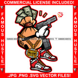 Famous Hustle Cash Money Bag Cartoon Character Gun Shooting Gold Jewelry Dollar Sign Tattoo Hip Hop Rap Plug Trap Street Hood Swag Thug Drip Dripping Art Graphic Design Logo T-Shirt Print Printing JPG PNG SVG Vector Cut File