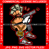 Famous Hustle Cash Money Bag Cartoon Character Gun Shooting Gold Jewelry Dollar Sign Tattoo Hip Hop Rap Plug Trap Street Hood Swag Thug Drip Dripping Art Graphic Design Logo T-Shirt Print Printing JPG PNG SVG Vector Cut File